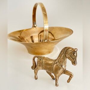 Vintage Miniature Brass Basket and Horse